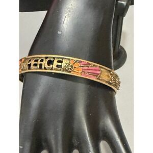 Peace Bangle Bracelet Women 8 Inch Gold Pink Enamel Boho Retro